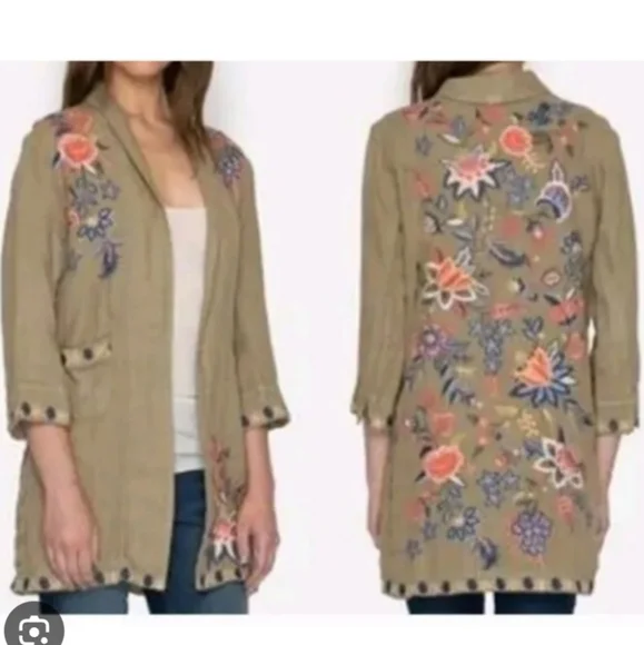 Johnny Was Tiwa Linen Embroidered Open Front Jacket Coat Small Medium - Picture 2 of 8
